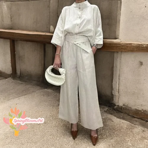 Linen Stand Collar Shirt and Pants Set